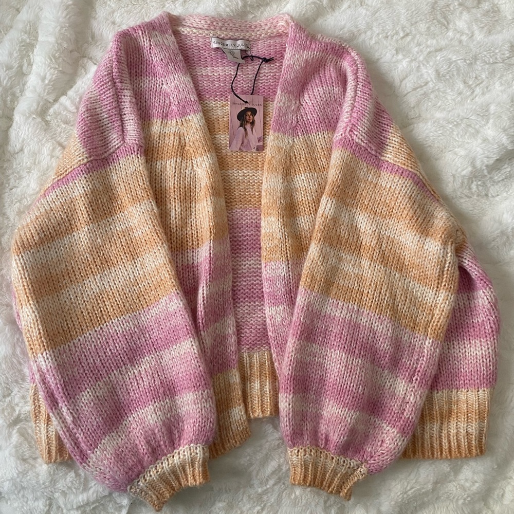 Light orange and pink Sincerely Jules cardigan sweater.